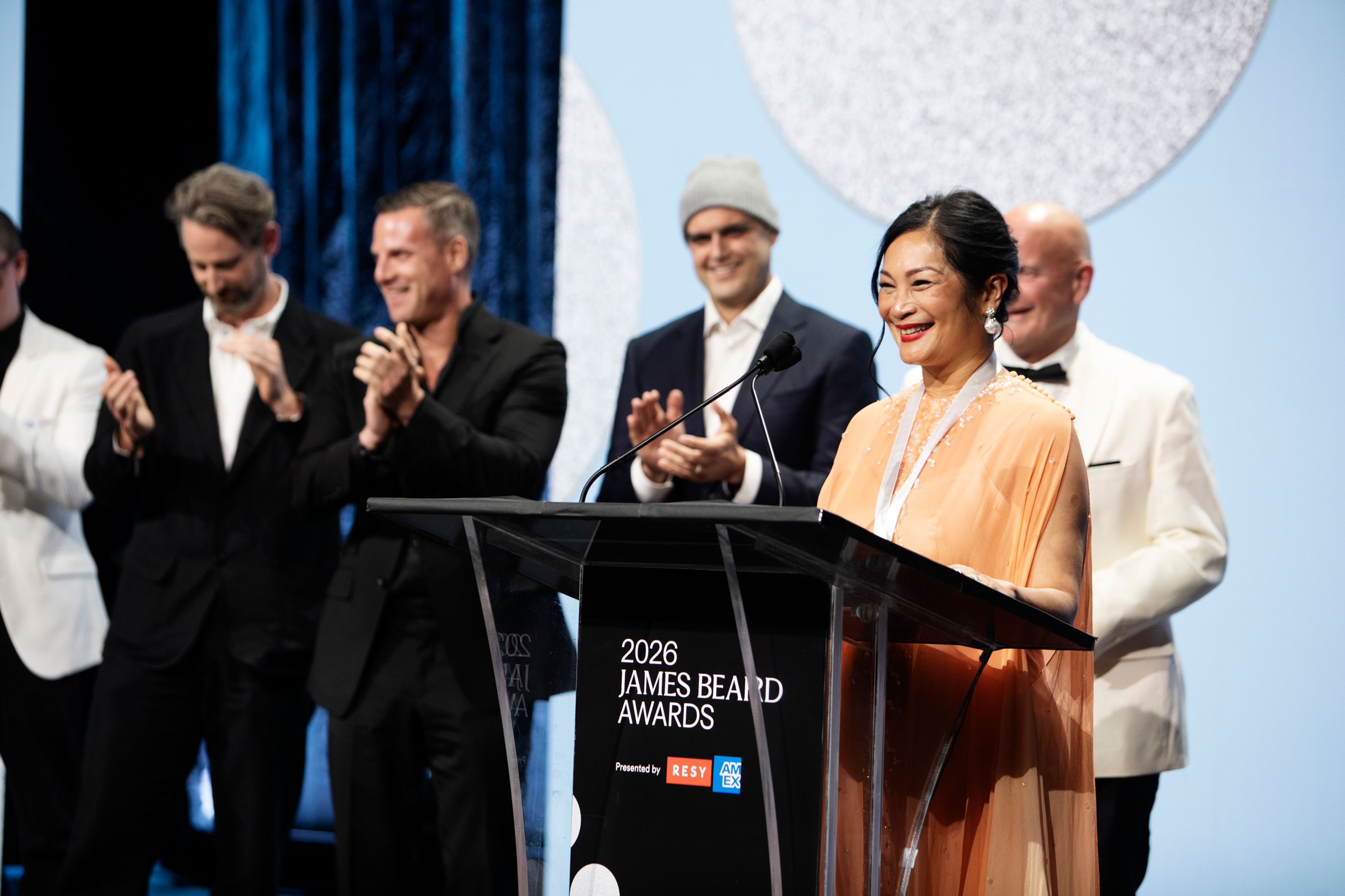 Nok Suntaranon, chef owner of Kalaya, accepts the 2026 James Beard Award for Outstanding Restaurant