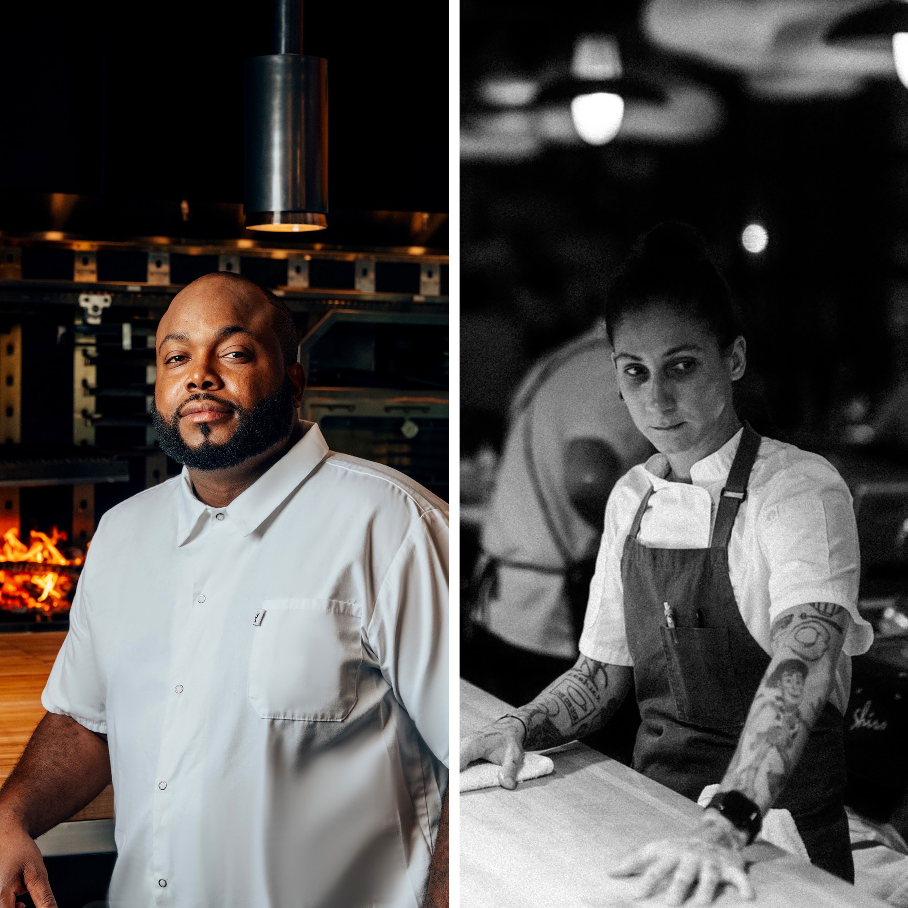 Left: Raheem Sealey standing in a kitchen; right: Monika Dominguez standing in a kitchen
