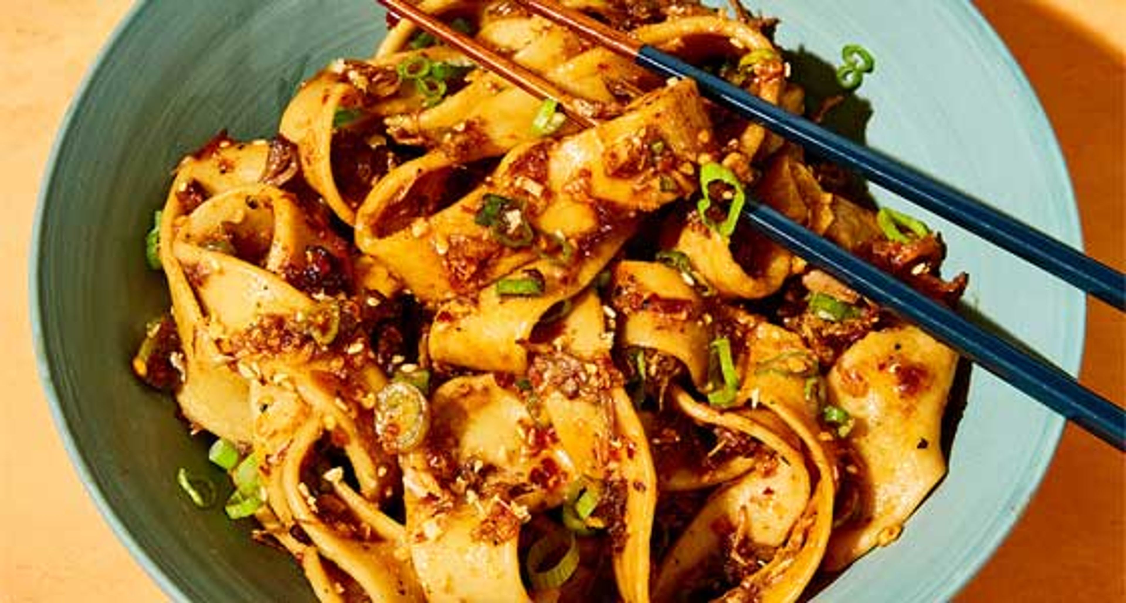 A cooked plate of spicy hand-pulled biang biang noodles