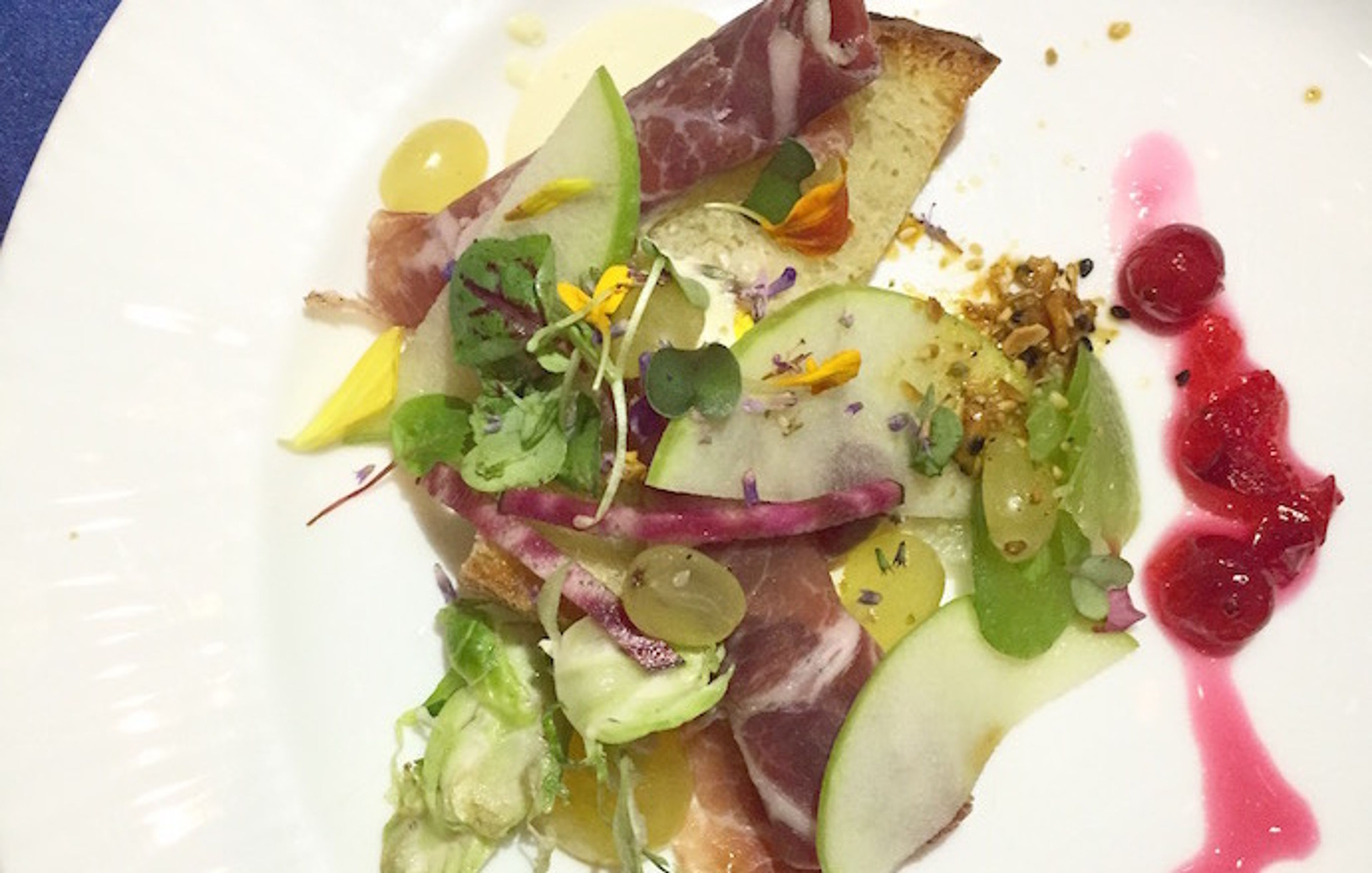 Matt Jennings's Vegetables and Fruits with Coppa, Smoked Pork Fat and Malt Vinegar Emulsion