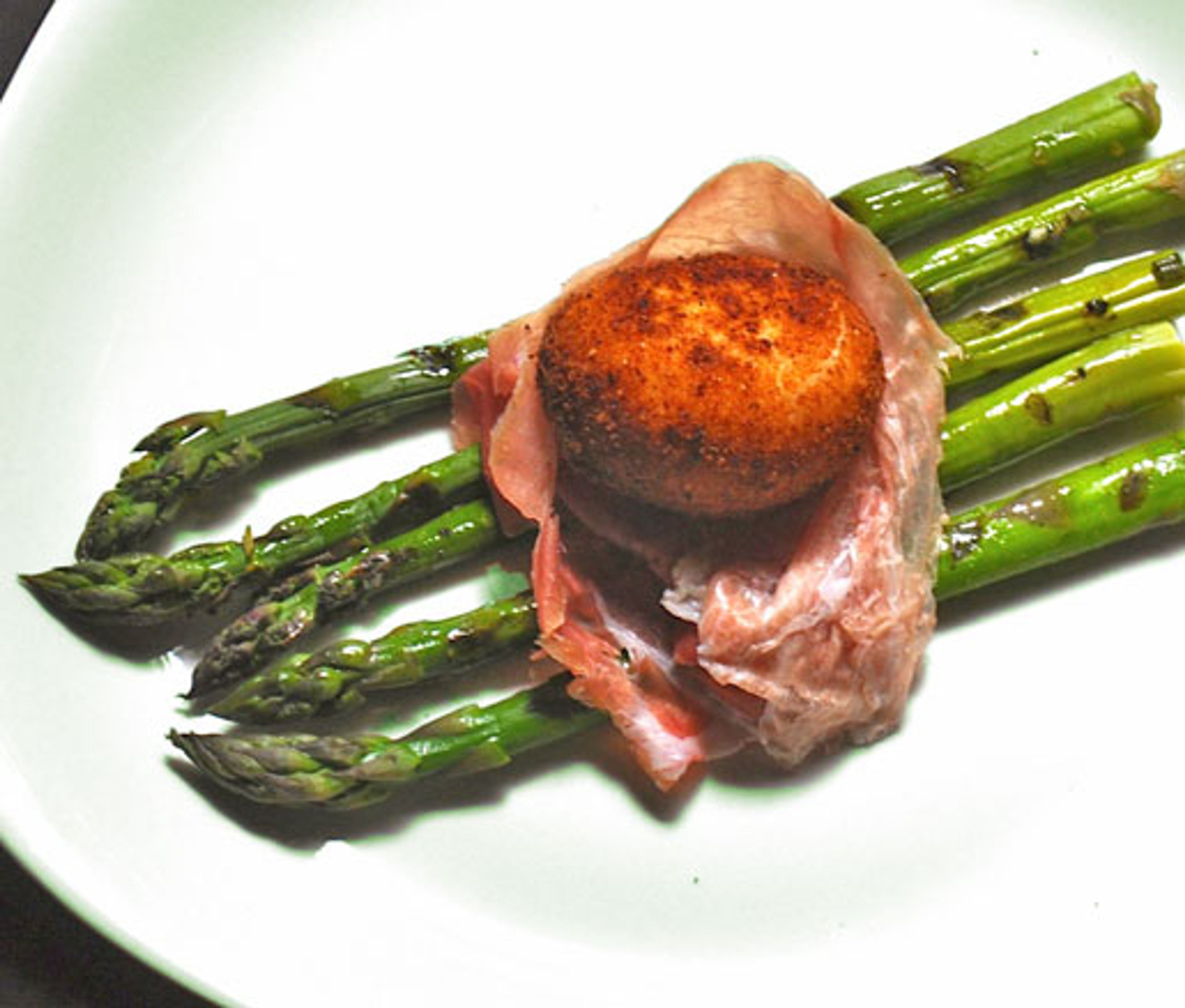 Paula DaSilva's recipe for grilled asparagus with crispy egg, country ham, and truffle vinaigrette, courtesy of the James Beard Foundation