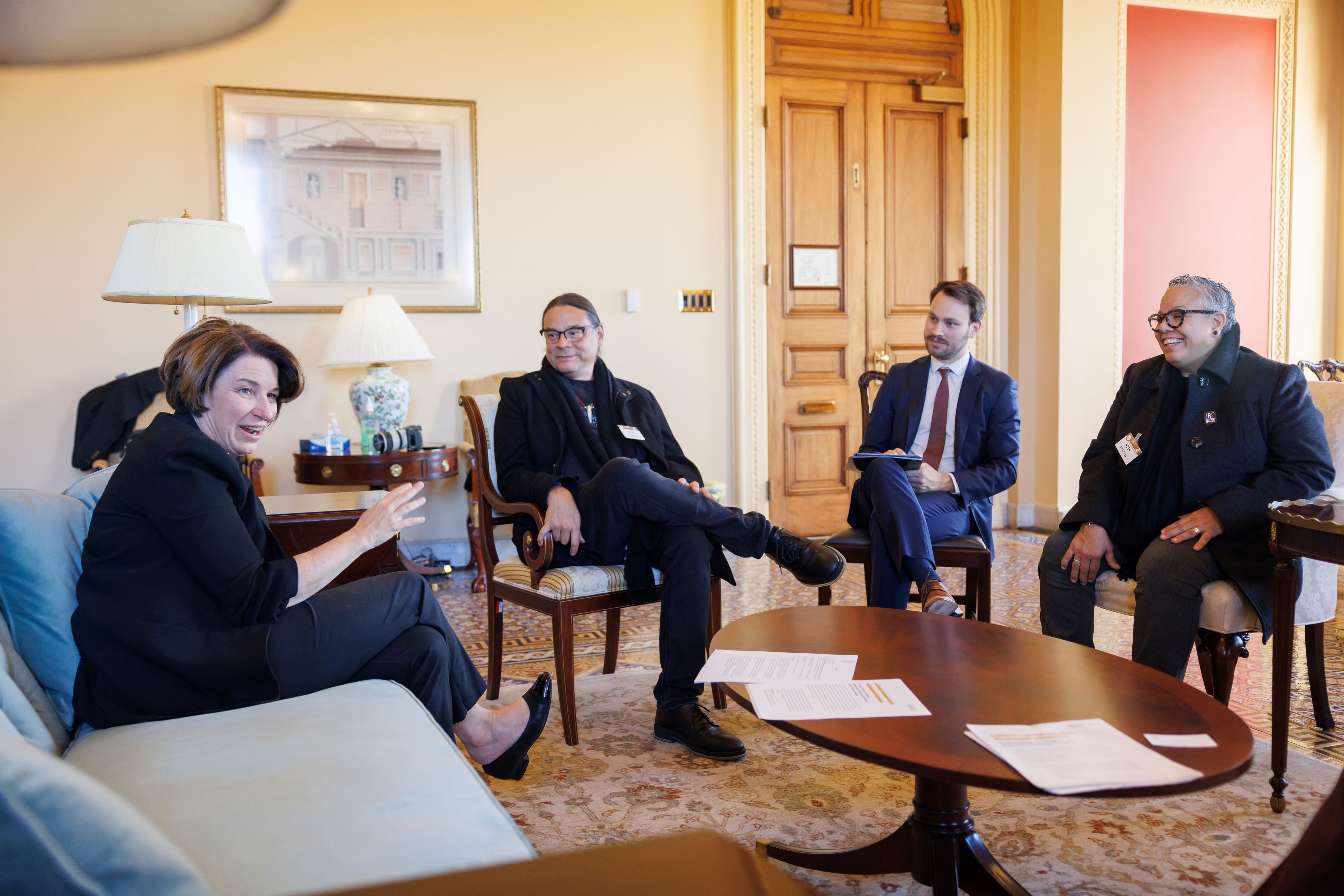 Senator Amy Klobuchar with chefs Sean Sherman and Nettie Colon (Photo: Noh Leftovers/JBF)