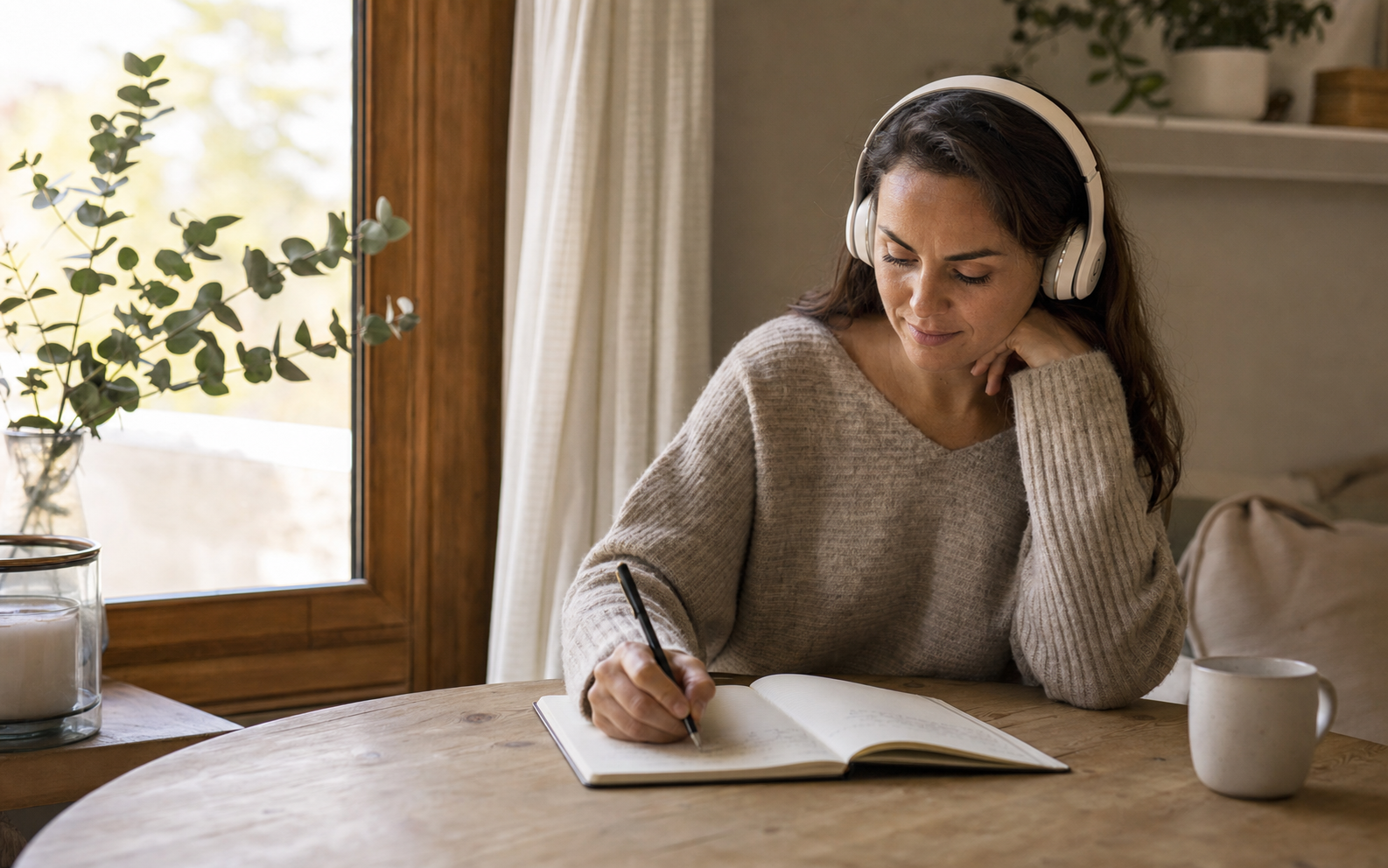 Journal, auriculares y luz natural
