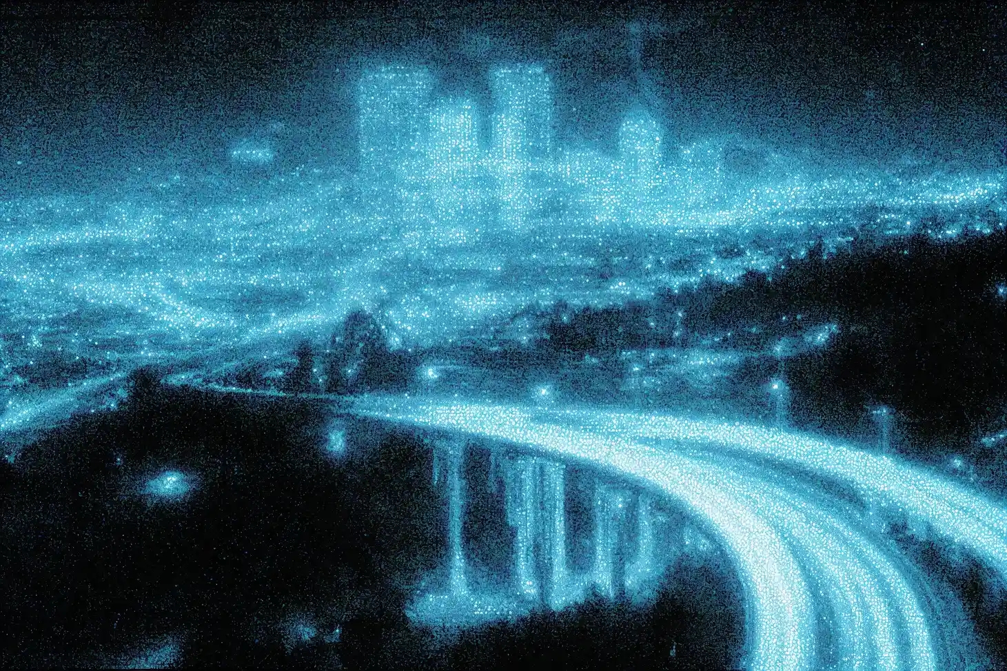 Bioluminescent aerial view of a futuristic Africa