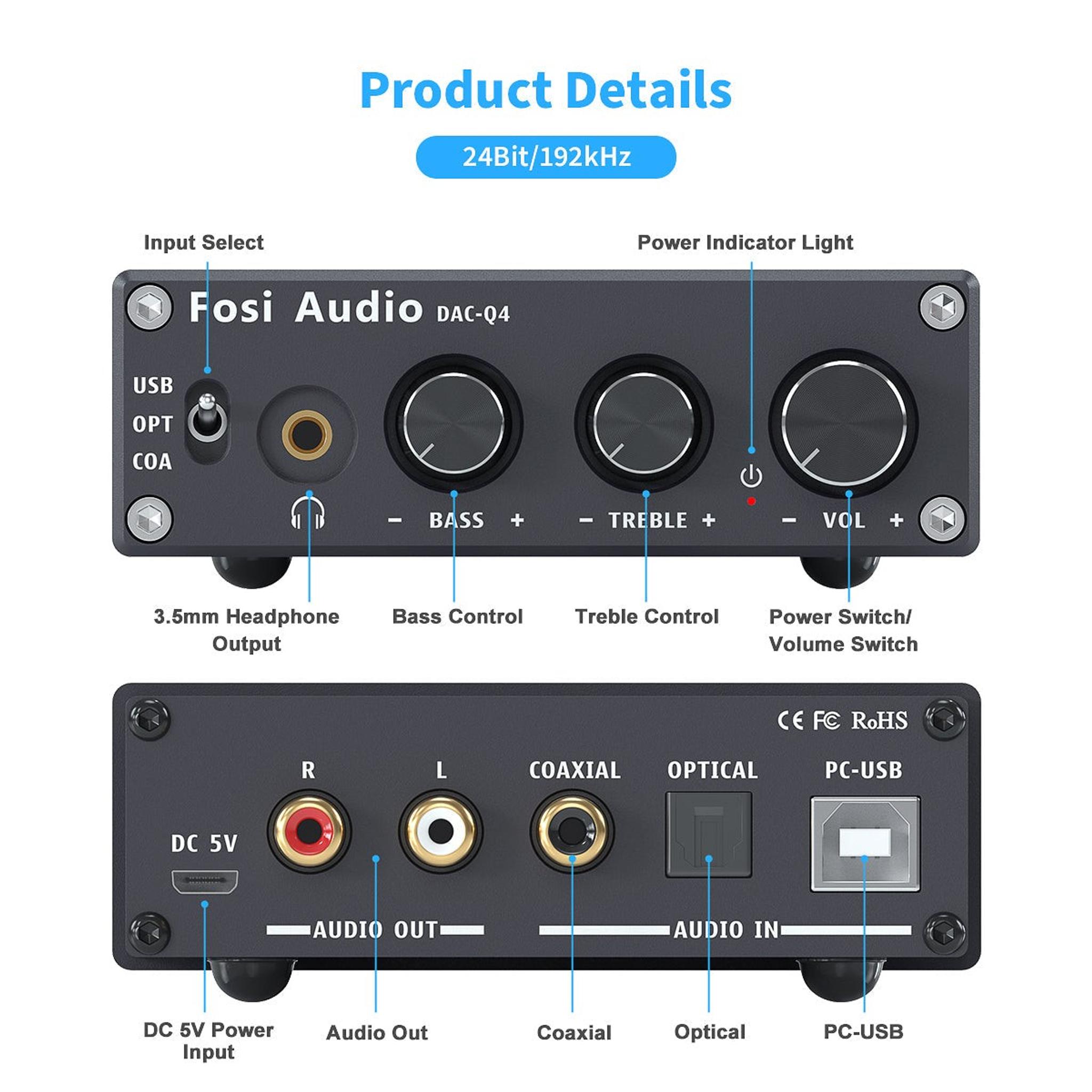 Fosi Audio Q4 Mini Stereo Gaming DAC & Headphone Amplifier Audio thumbnail 6