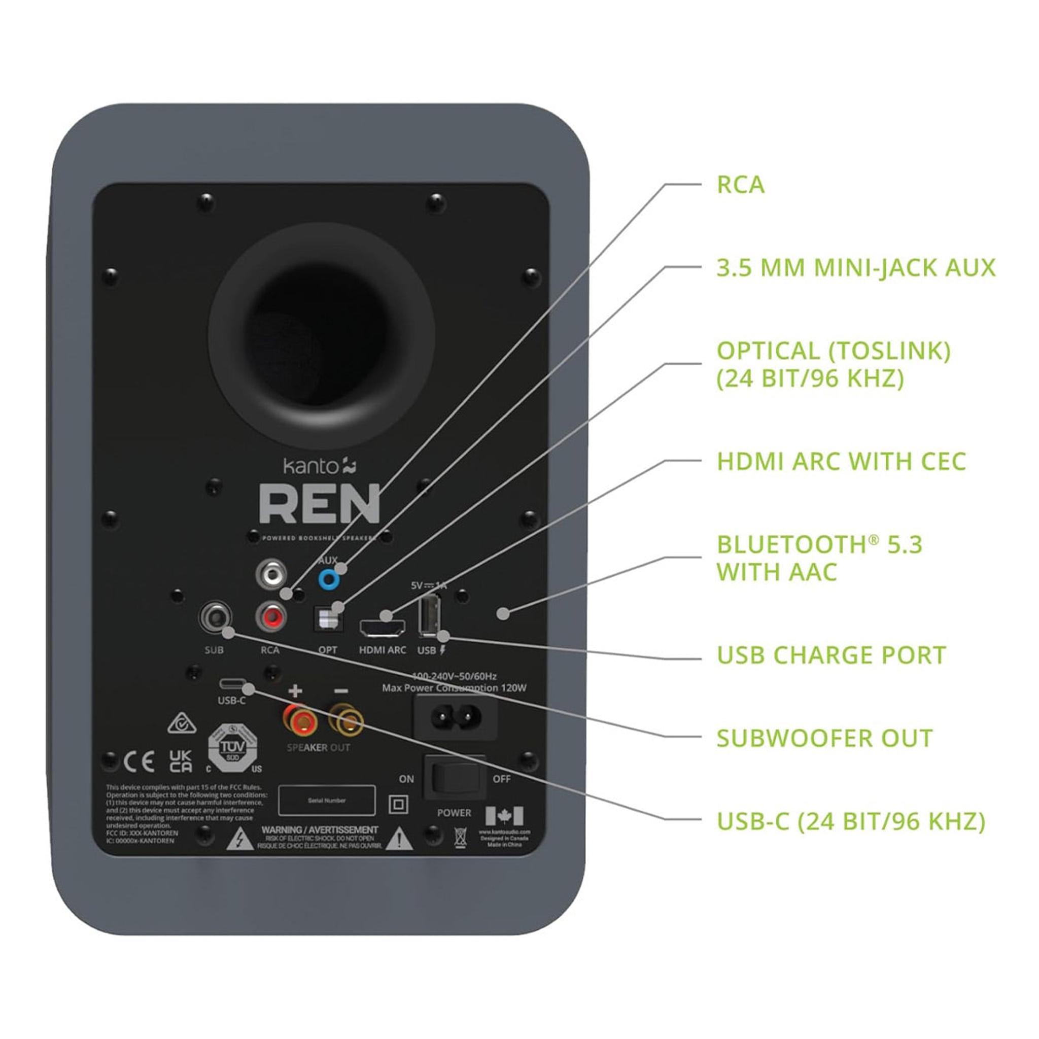 Kanto REN Powered Bluetooth Bookshelf Speakers - Pair (Matte Grey) thumbnail 5