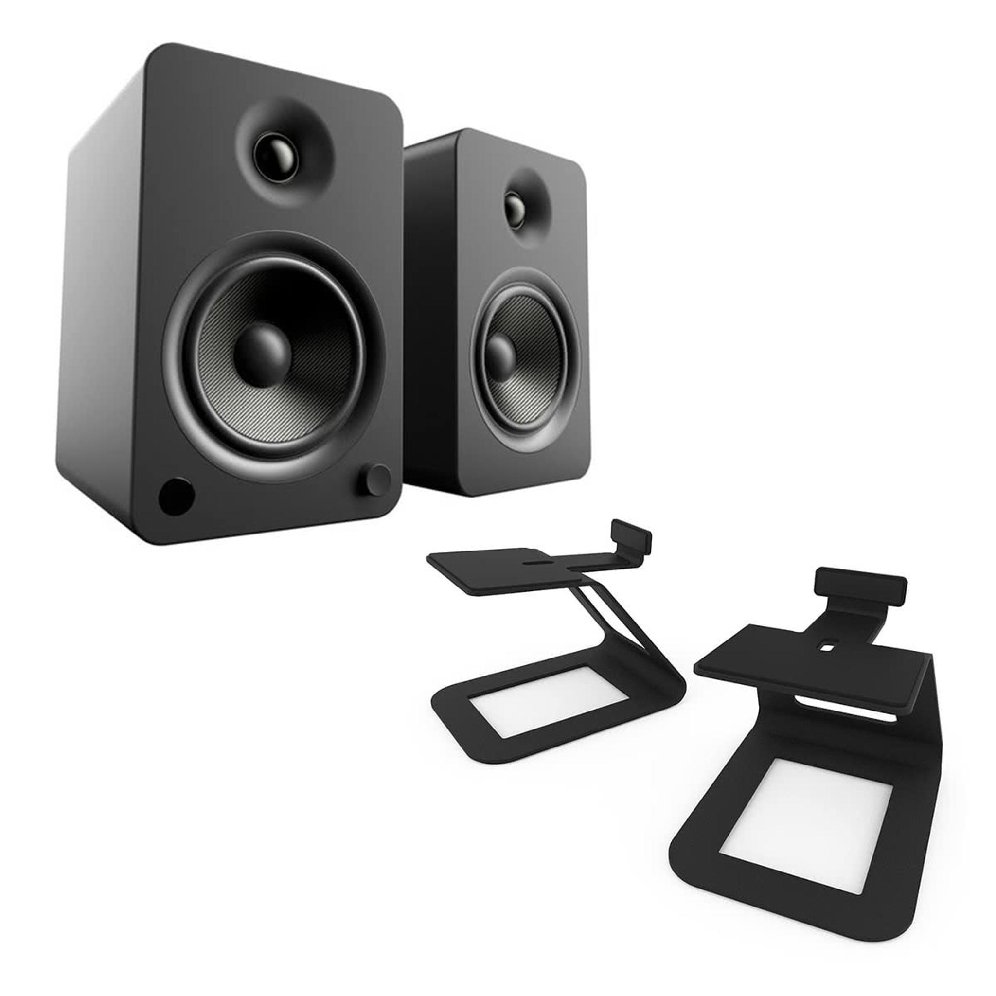 Kanto YU6 Powered Bookshelf Speakers (Matte Black) with SE6 Elevated Desktop Speaker Stands (Black) - Image 1