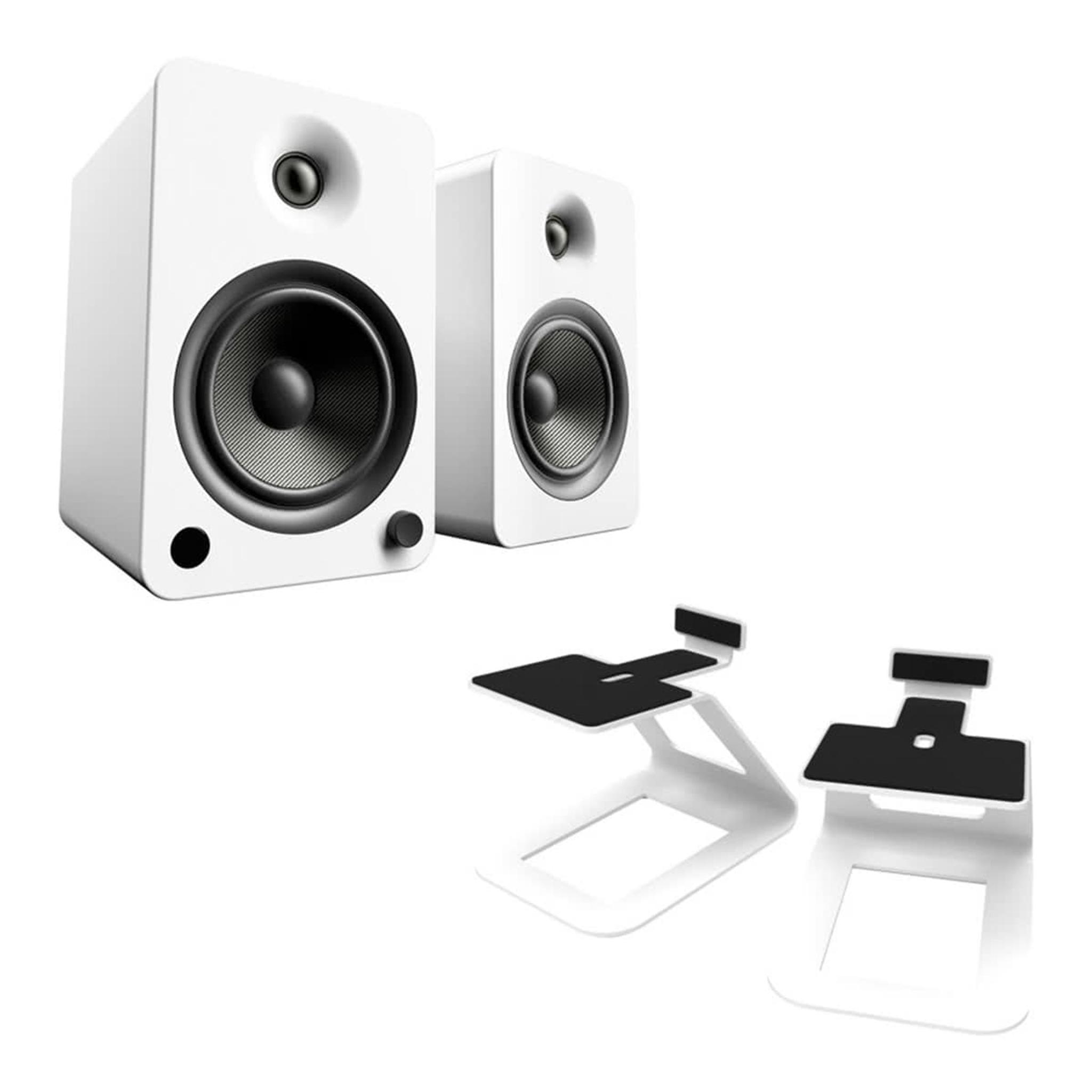 Kanto YU6 Powered Bookshelf Speakers (Matte White) with SE6 Elevated Desktop Speaker Stands (White) - Image 1