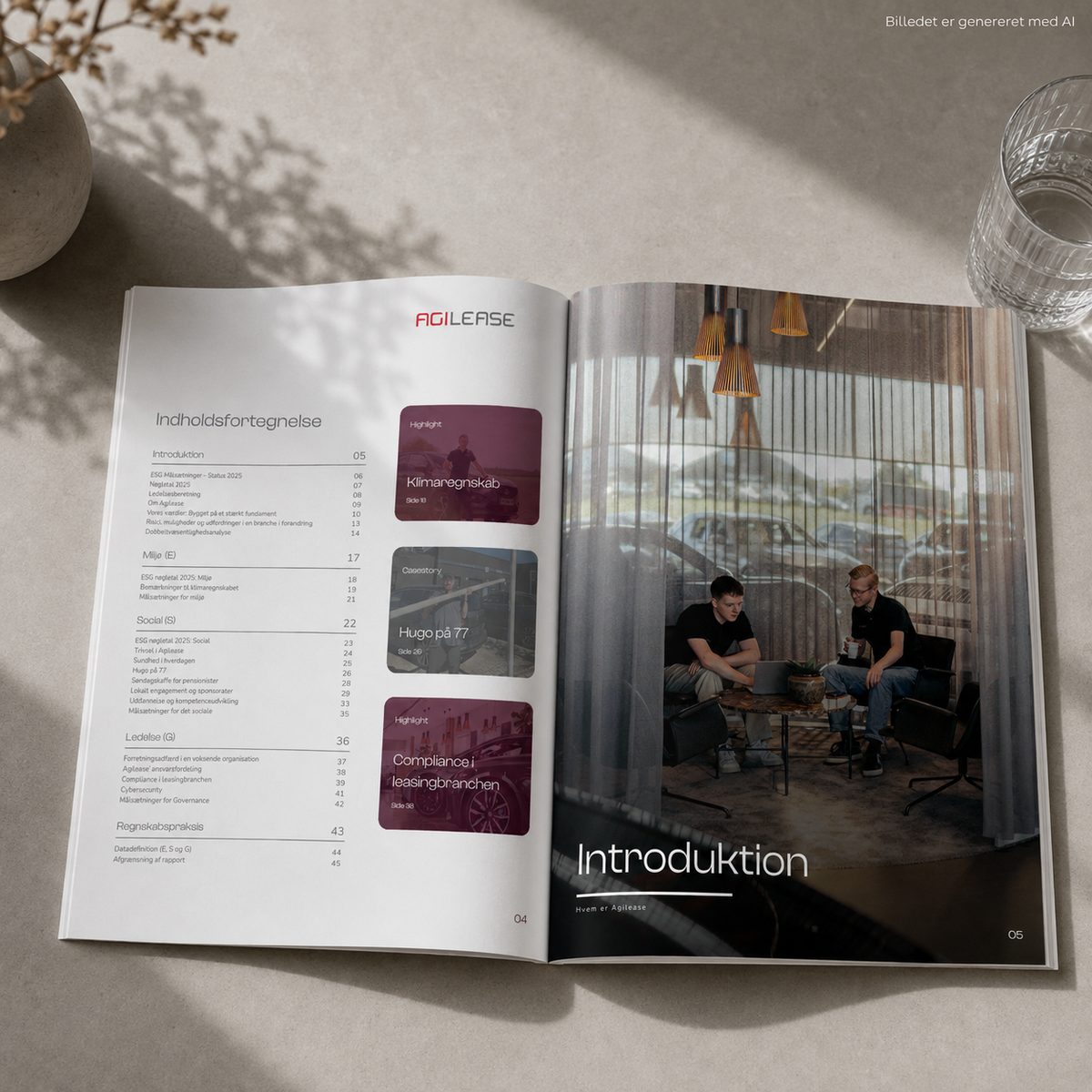 Opslået ESG-rapport fra Agilease med indholdsfortegnelse og introduktion.