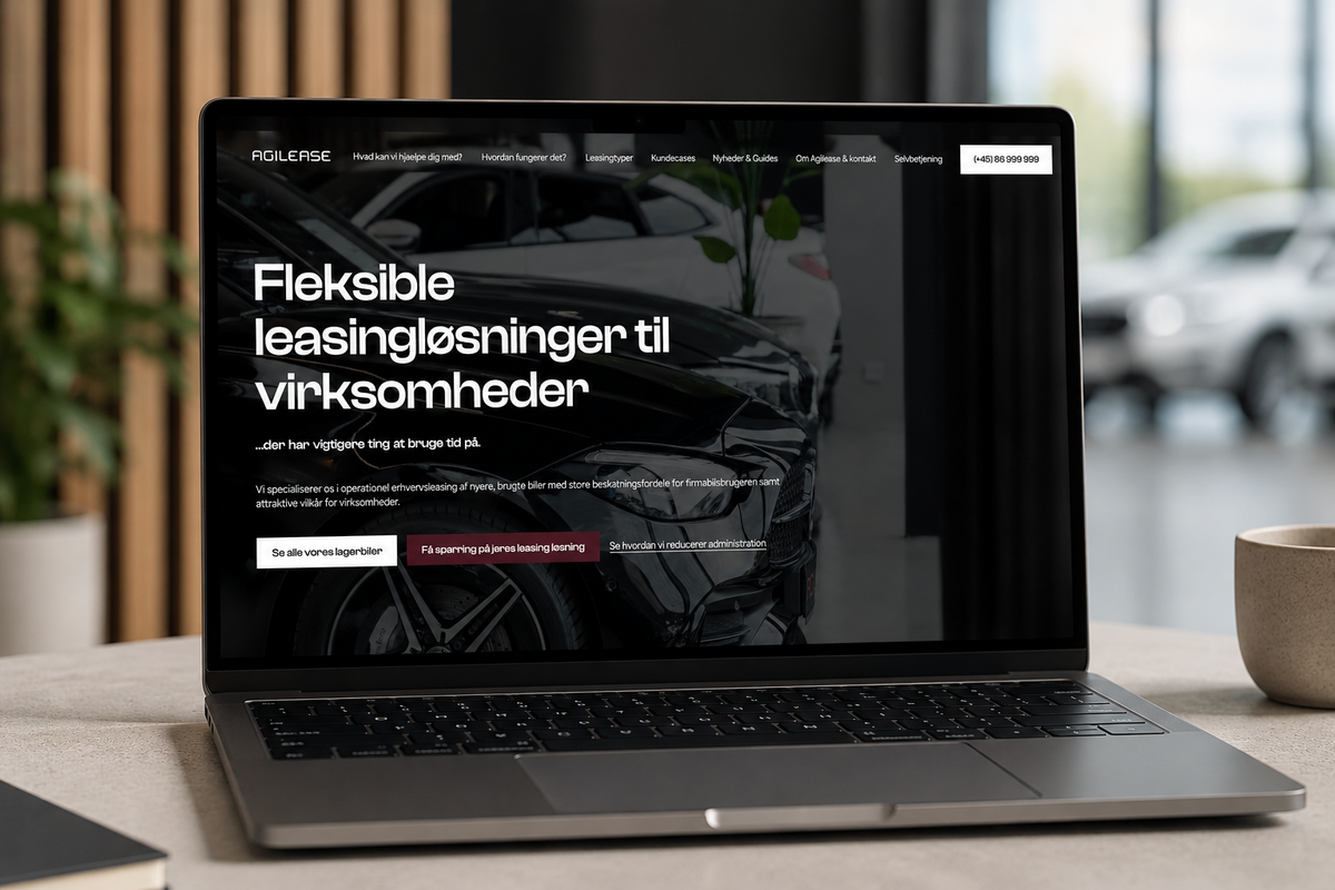 Forside på Agileases nye hjemmeside om erhvervsleasing, operationel leasing og firmabiler