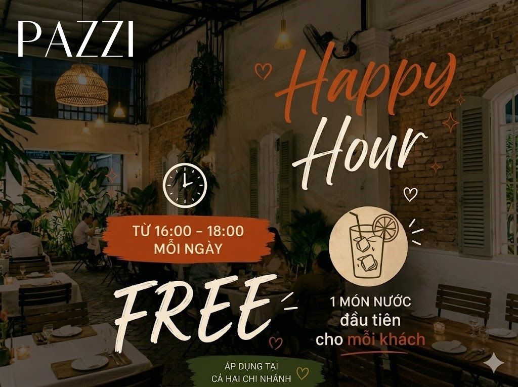 HAPPY HOUR: THƯỞNG THỨC MÓN Ý, TẶNG NGAY MÓN NƯỚC