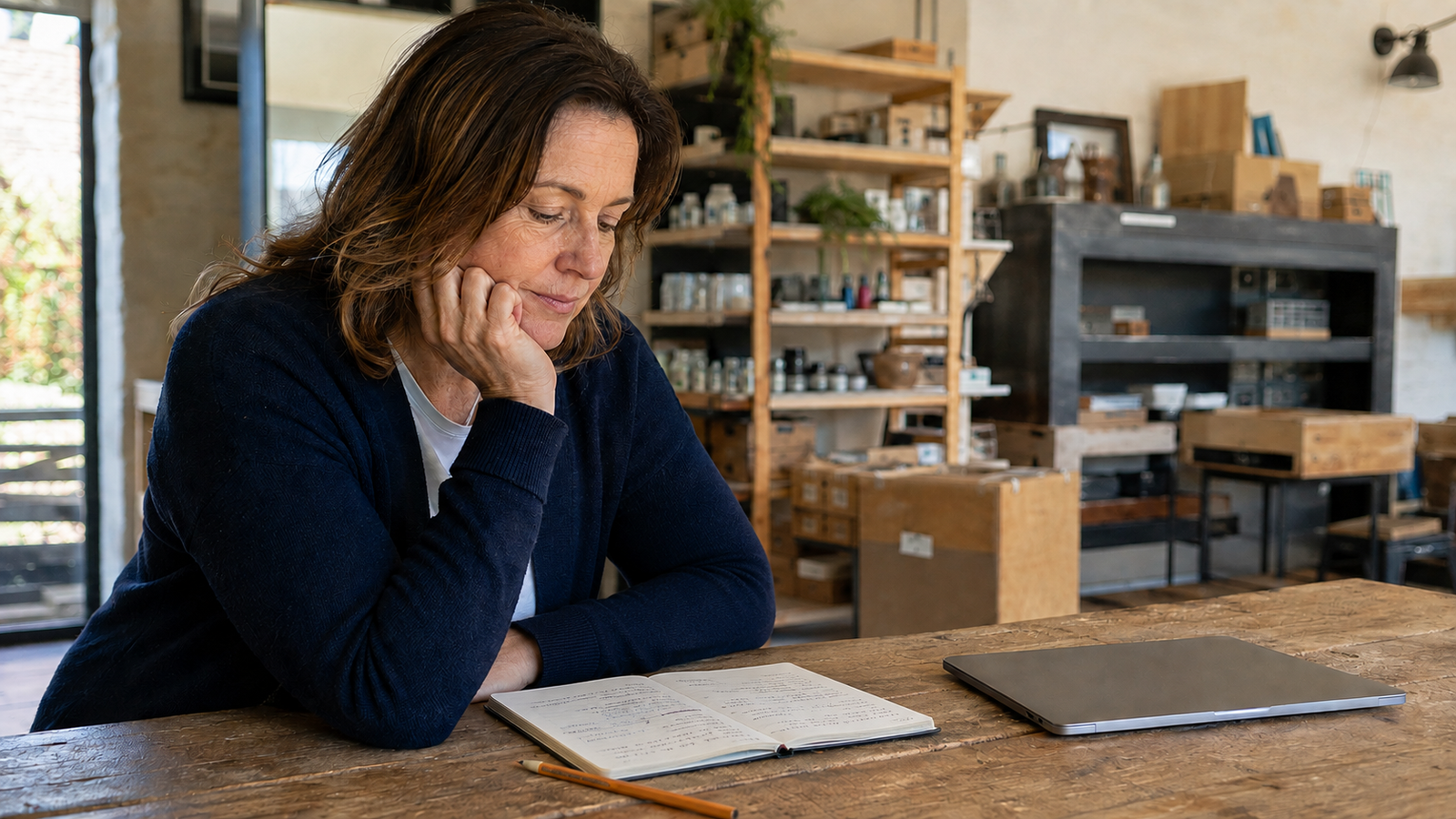 A business owner reviews notes in an open notebook at her workplace.
