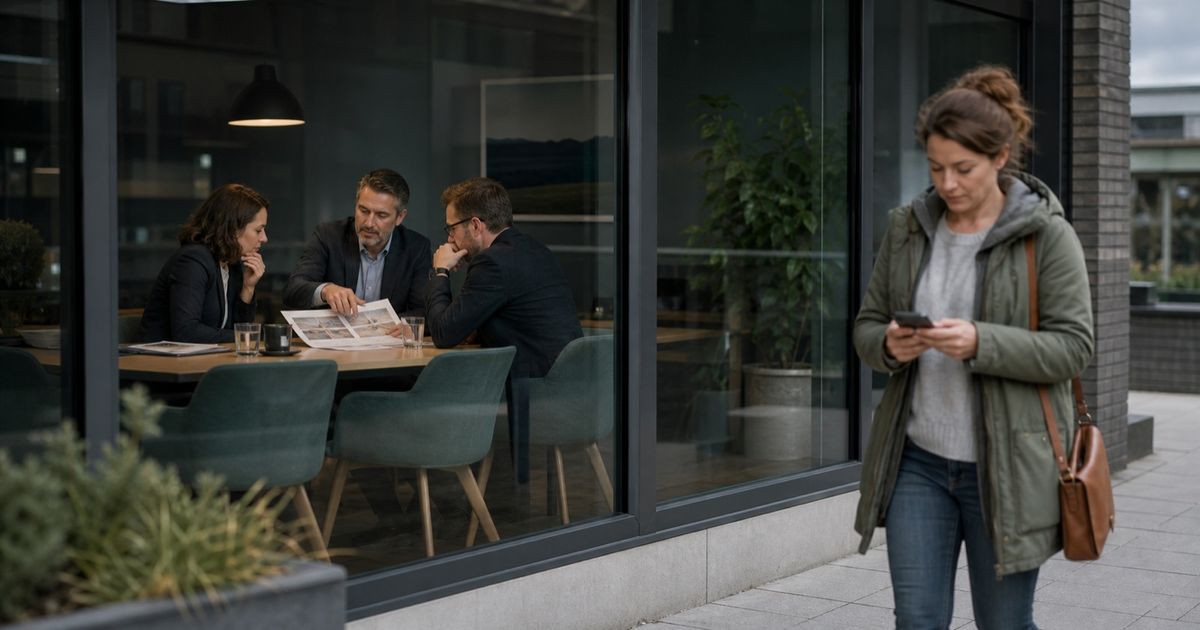 A team reviews a campaign inside a glass-walled meeting room while a customer outside looks at her phone.