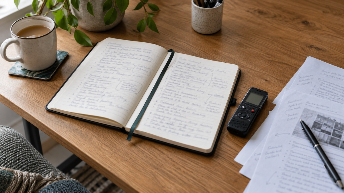 An annotated research notebook beside a voice recorder on a wooden desk.