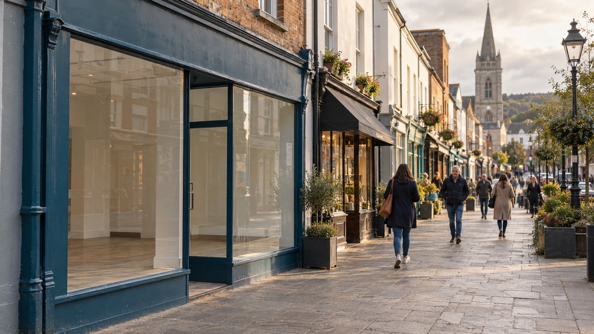 An empty retail unit beside an active Irish-style shopping street