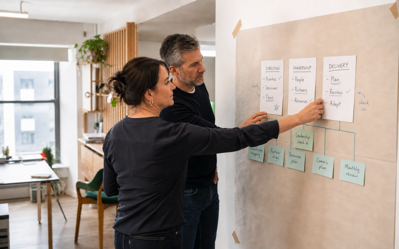 Two business leaders review a working plan together.