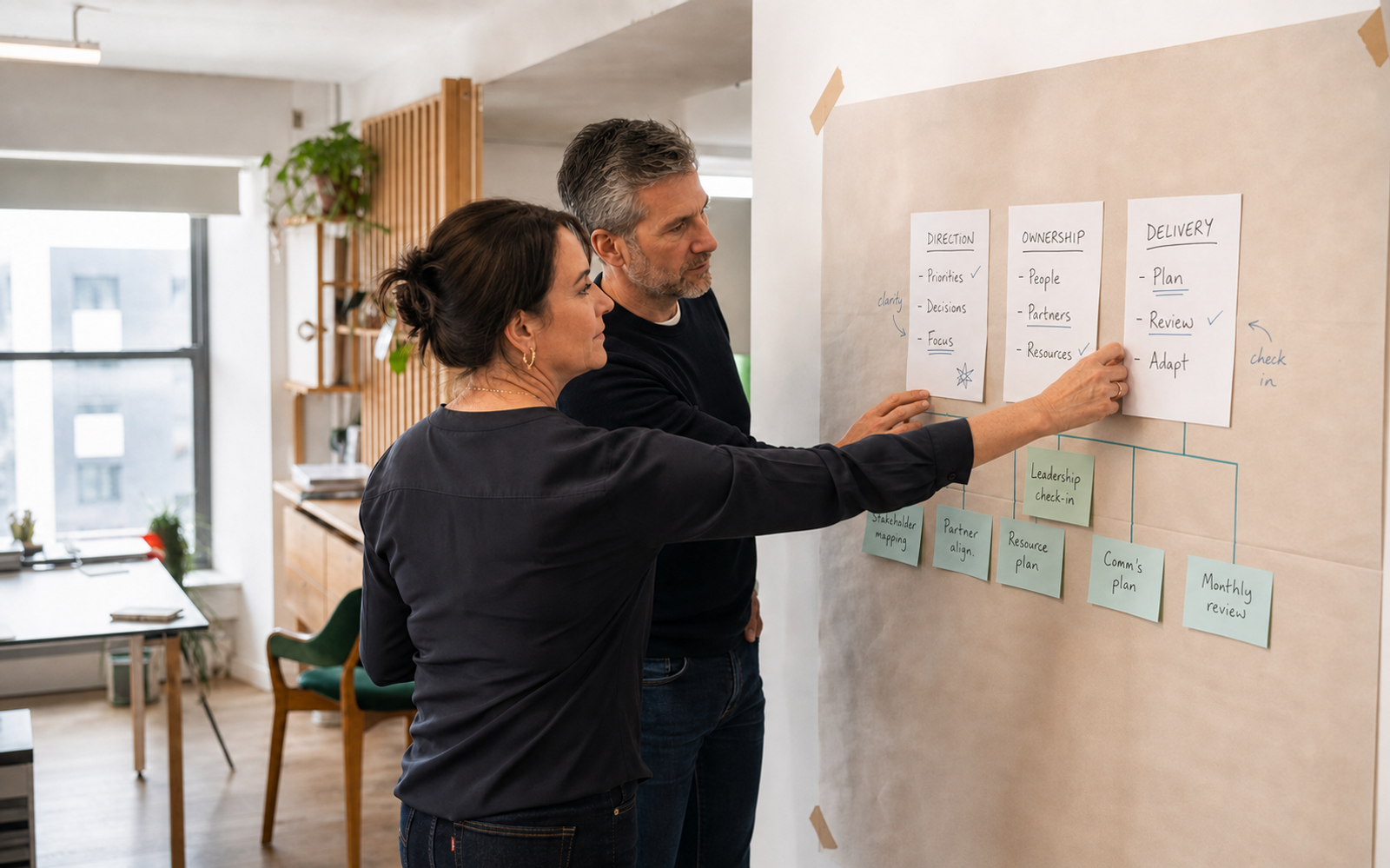Two experienced business leaders review a working plan with direction, ownership and delivery notes.