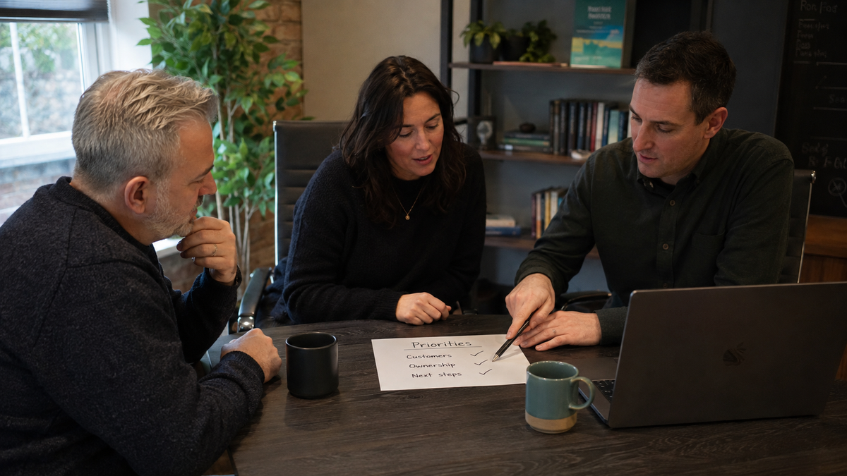 Three business people discuss a working marketing plan around a table.