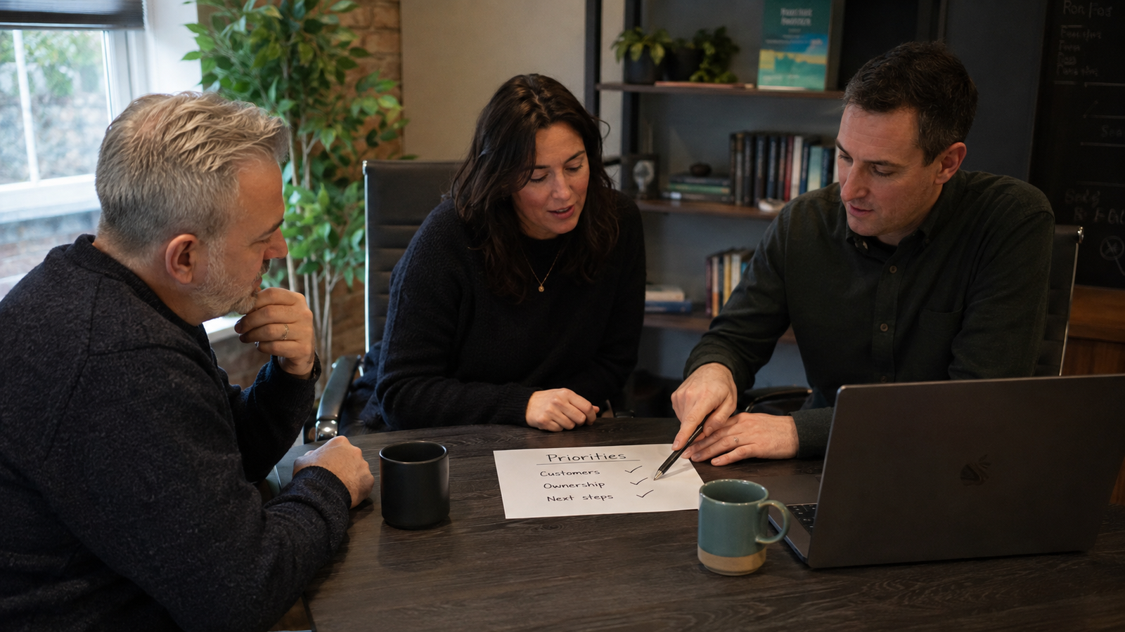 Three business people discuss a working marketing plan around a table.