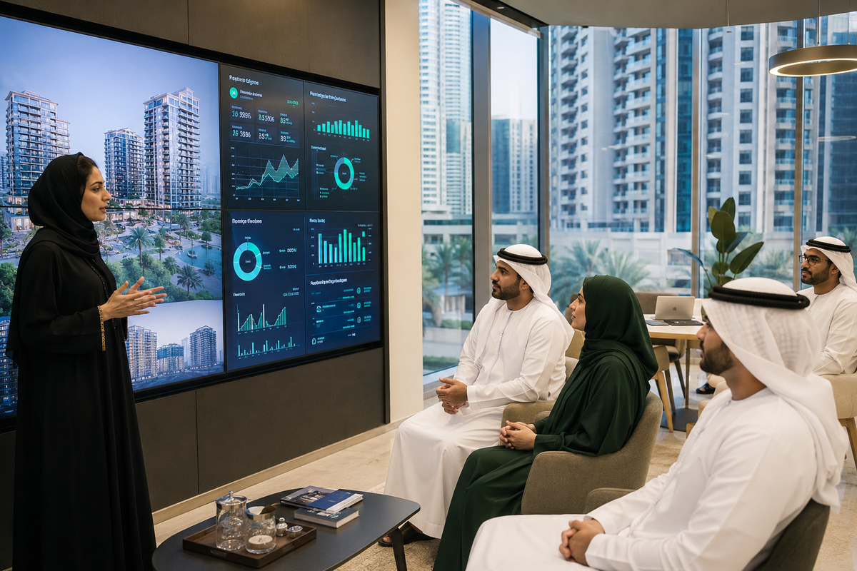 A property sales team reviews AI-powered buyer analytics on large screens in an Abu Dhabi real estate office