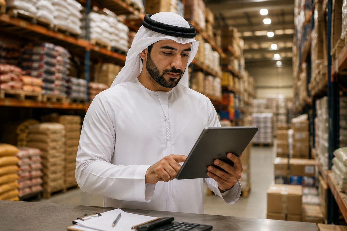 A UAE small business owner reviews a B2B payment schedule on a tablet inside a commercial warehouse