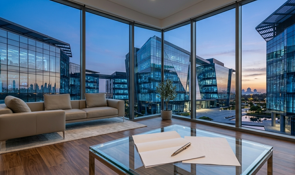 Rental agreement document placed on a coffee table in a modern Dubai apartment with city view through large windows