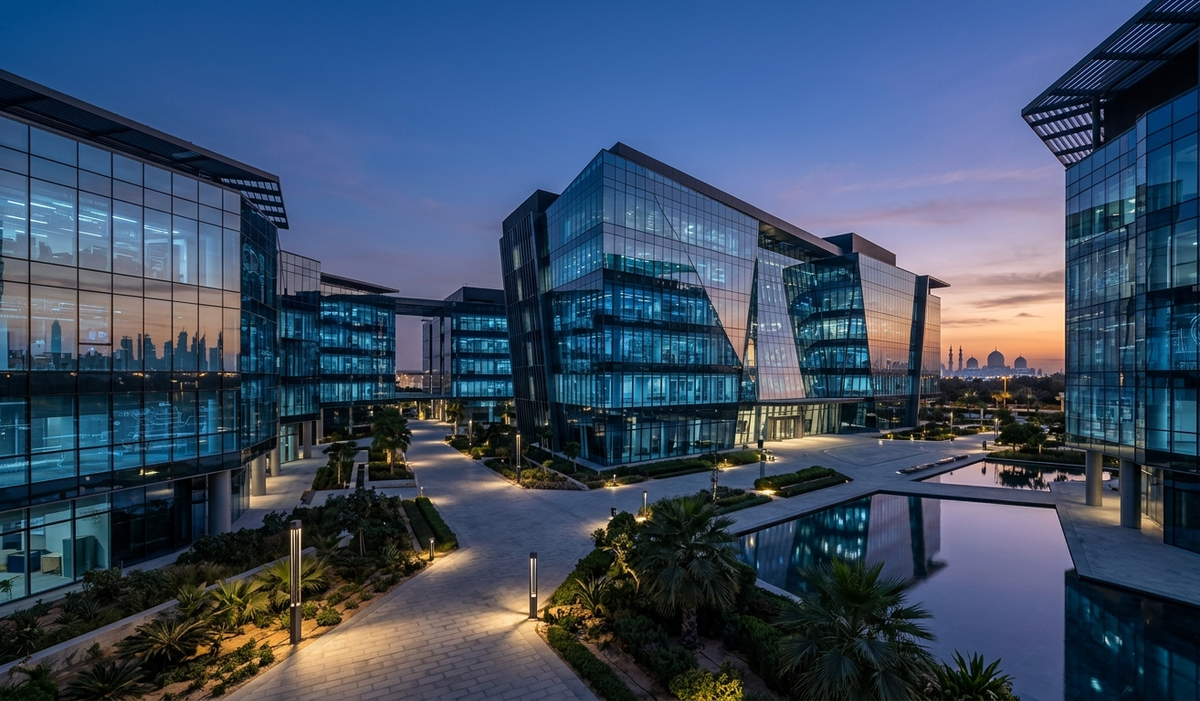 Modern AI technology campus building in Abu Dhabi illuminated at dusk with blue ambient lighting