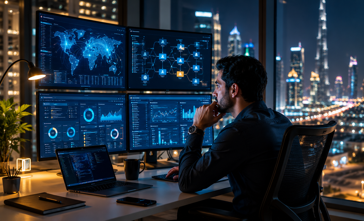 A cybersecurity engineer monitors AI agent activity on security dashboards in a Dubai office at night