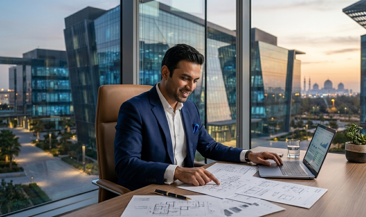 South Asian male entrepreneur working at a modern Dubai office desk with city skyline visible through window