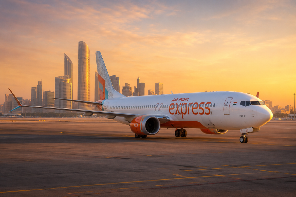 Air India Express aircraft on tarmac with Abu Dhabi skyline in the background at golden hour