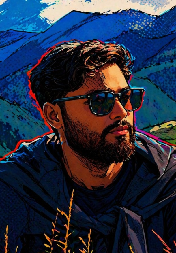 Nilesh Karn in sunglasses, an illustrated portrait with mountains behind