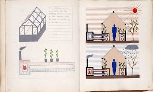 ‘Just boxes’ Preparatory sketch, cover drawing, and spread, 1944