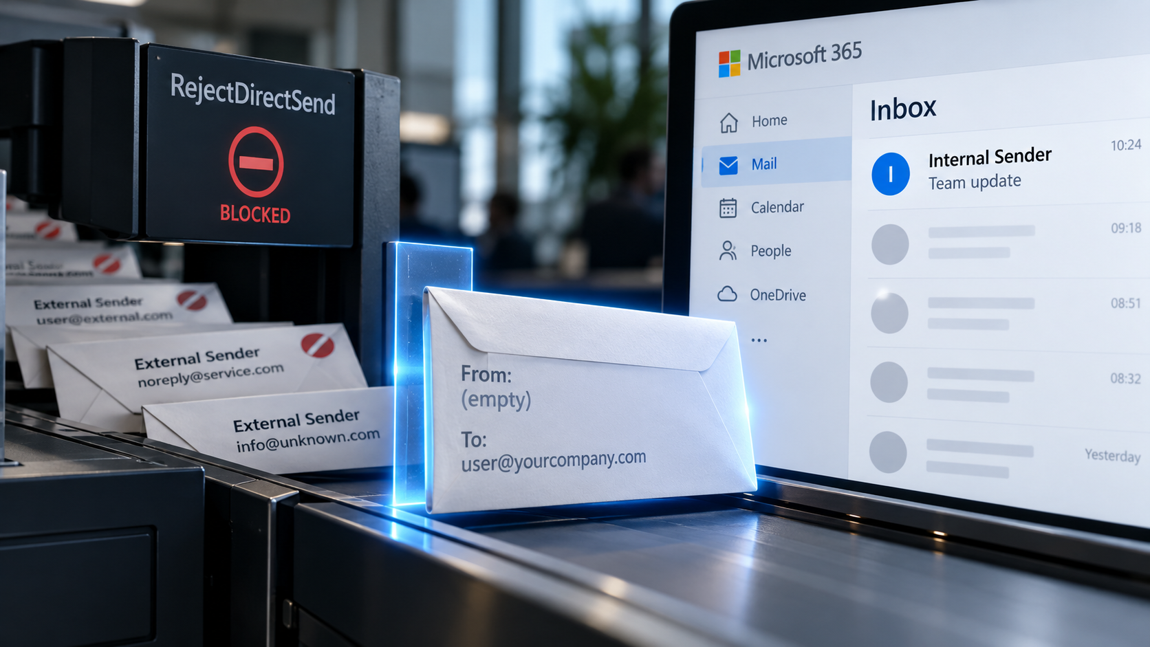 Un remitente en blanco convierte un correo externo en interno dentro de Microsoft 365