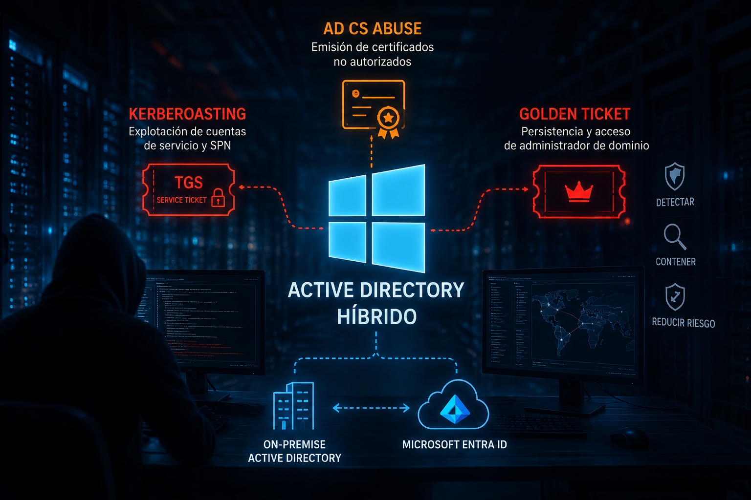 Active Directory híbrido: cómo detectar y contener Kerberoasting, abuso de AD CS y Golden Ticket