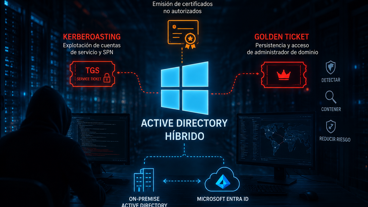 Active Directory híbrido: cómo detectar y contener Kerberoasting, abuso de AD CS y Golden Ticket