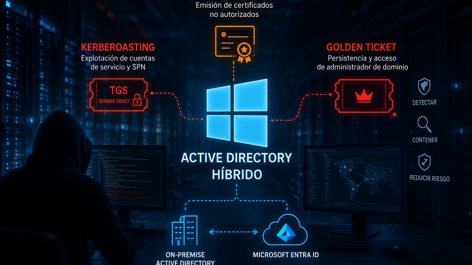 Panel de seguridad de Active Directory híbrido con detección y contención de abuso de identidad