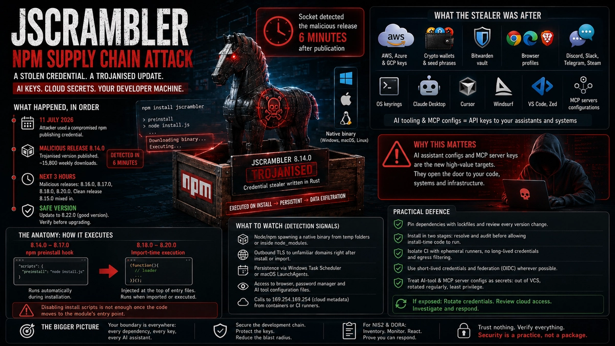 jscrambler on npm: the infostealer that now hunts your AI tooling secrets