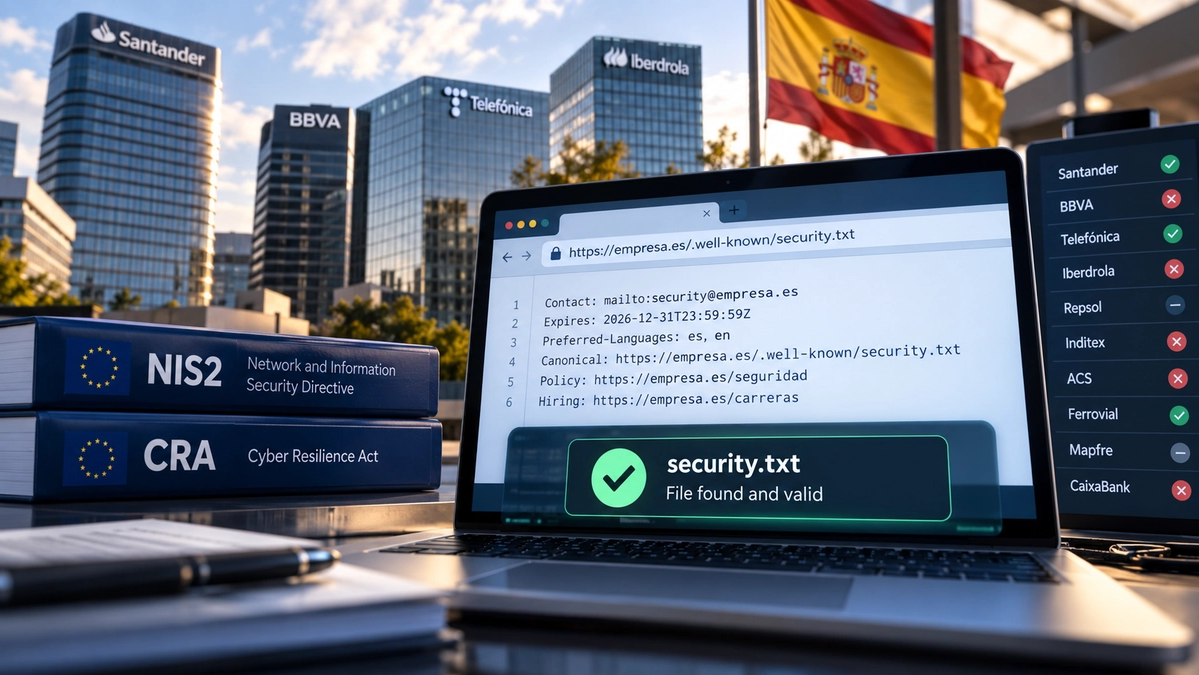 security.txt in Spain: only 19 of 197 large companies publish one, and none of the 28 in banking and insurance