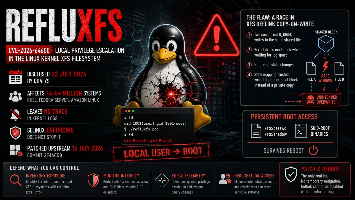 RefluXFS (CVE-2026-64600): el fallo de XFS que escala a root en Linux sin dejar rastro en los logs
