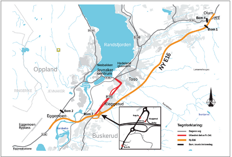 Illustrert kart for prosjektet E16 Eggemoen-Olum som viser vegstrekning samt plassering av bomstasjoner