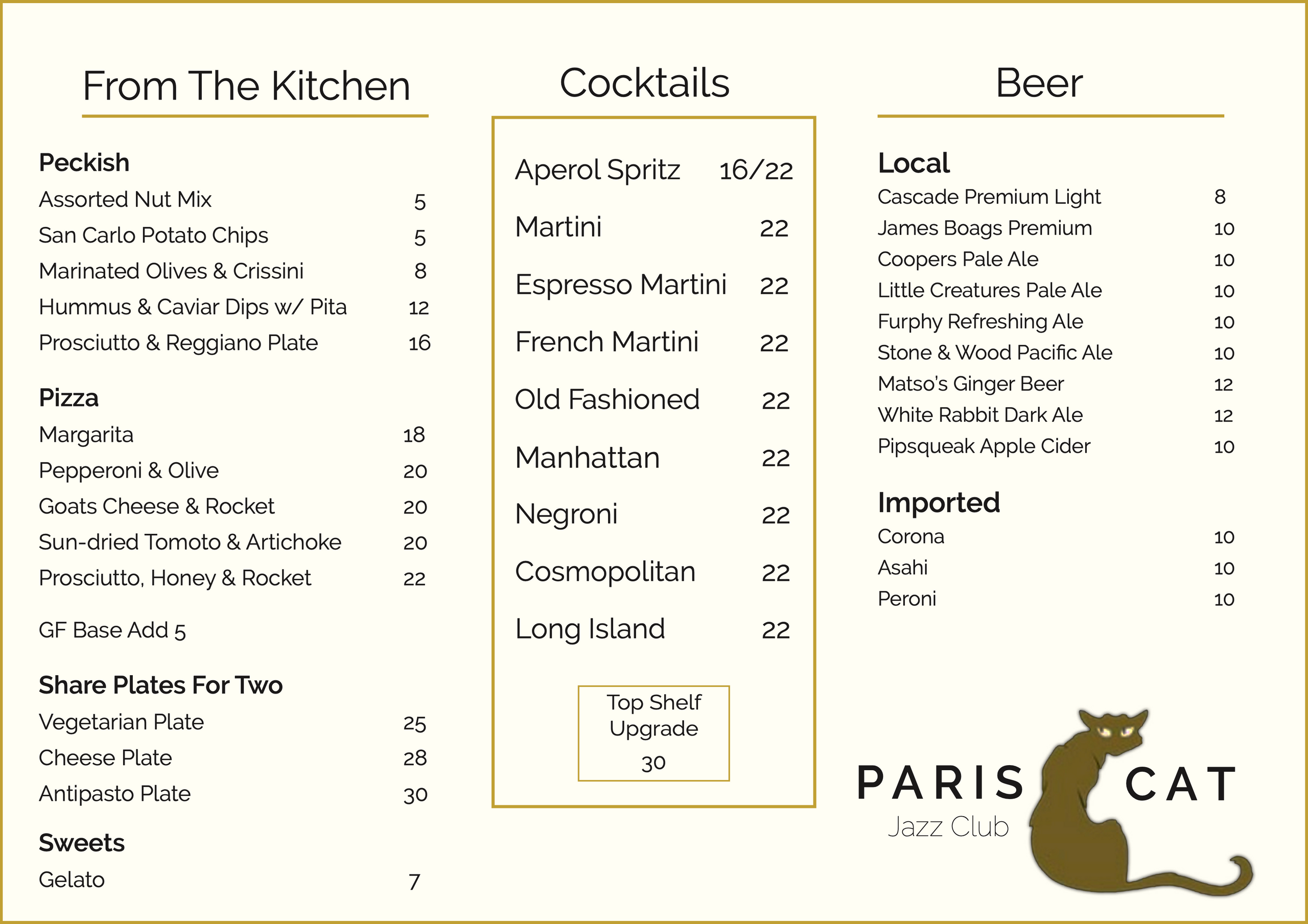 Menu The Paris Cat Jazz Club