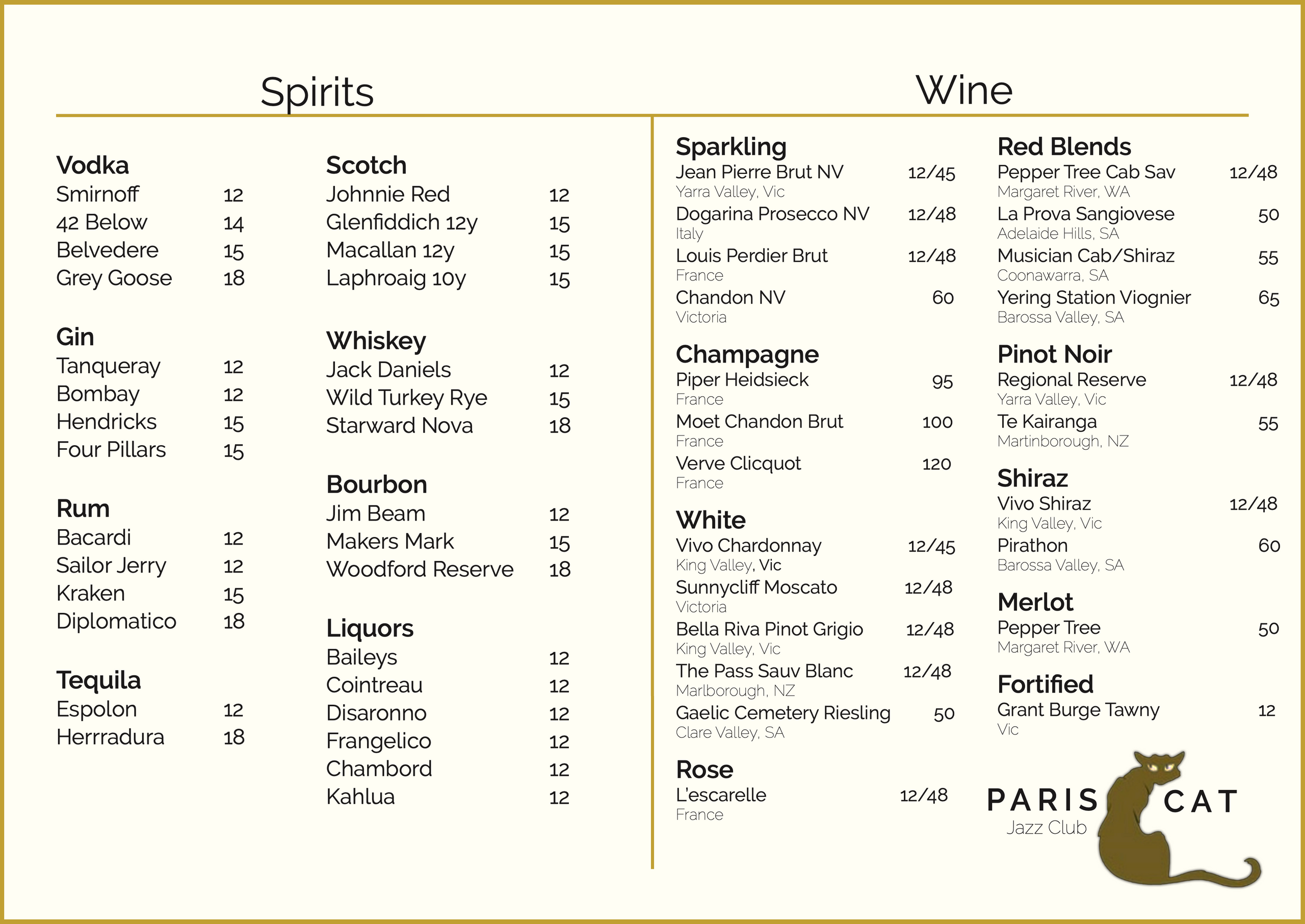 Menu The Paris Cat Jazz Club