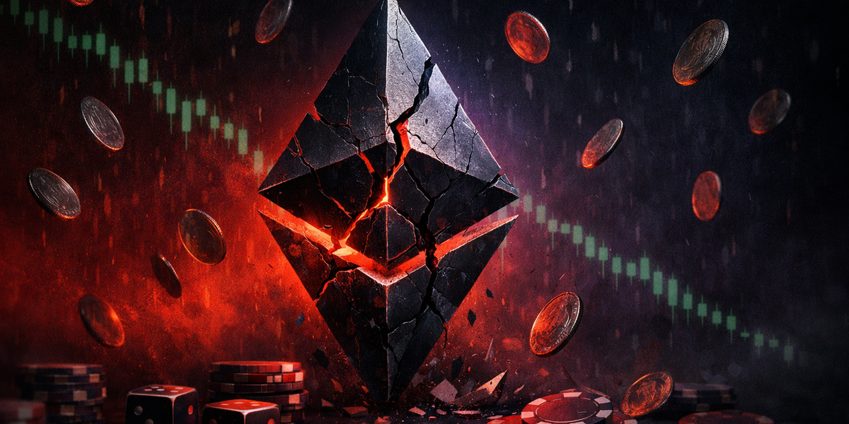 Ethereum diamond logo cracking with casino chips and dice surrounded by falling coins and red candlestick charts representing ETH price decline in 2026