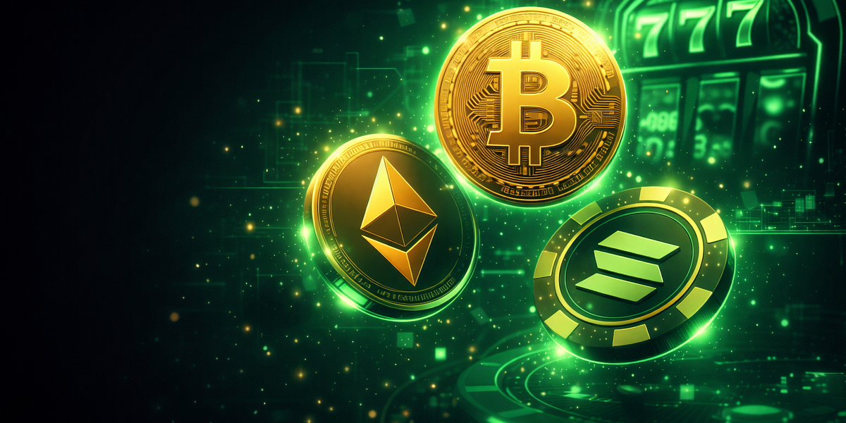 Best crypto casino bonus offers for 2026 featuring Bitcoin, Ethereum, and Solana with slot machine elements