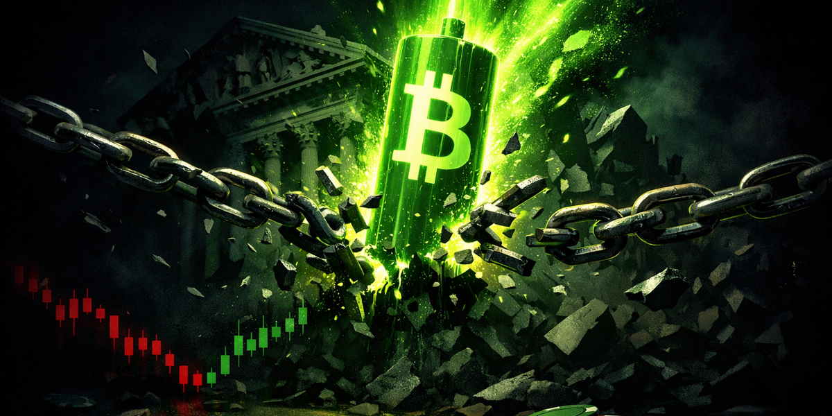 Bitcoin breaking free from price suppression with green candle momentum against a dark background with crumbling Wall Street silhouette and casino chips representing the February 2026 crypto market pump