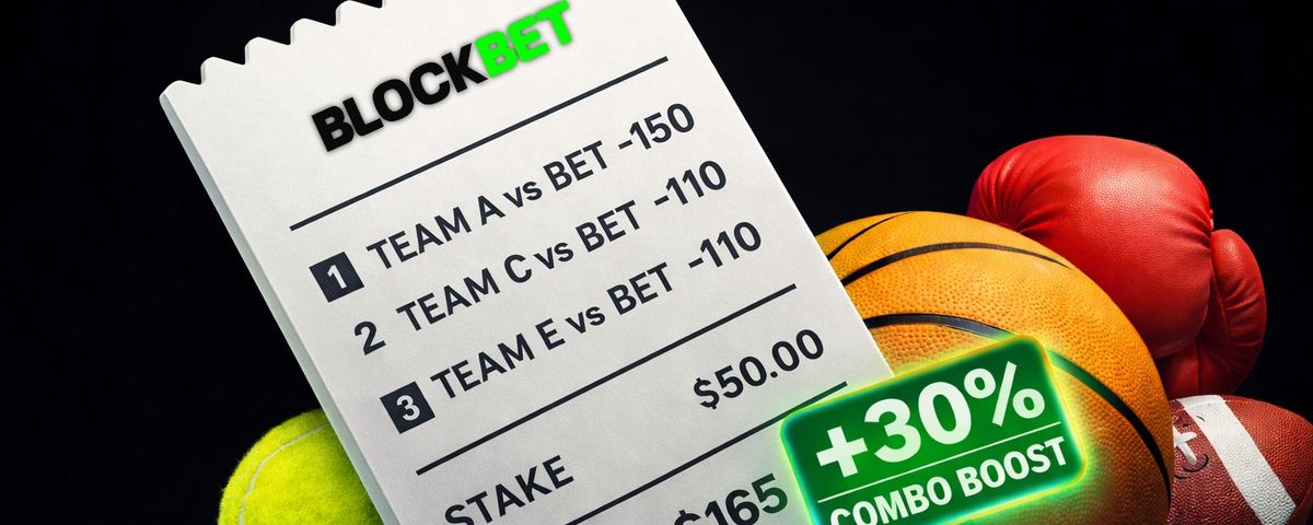 Parlay betting slip showing three legs with a $50 stake, $165 payout, and a +30% combo boost badge, surrounded by sports balls on a dark background