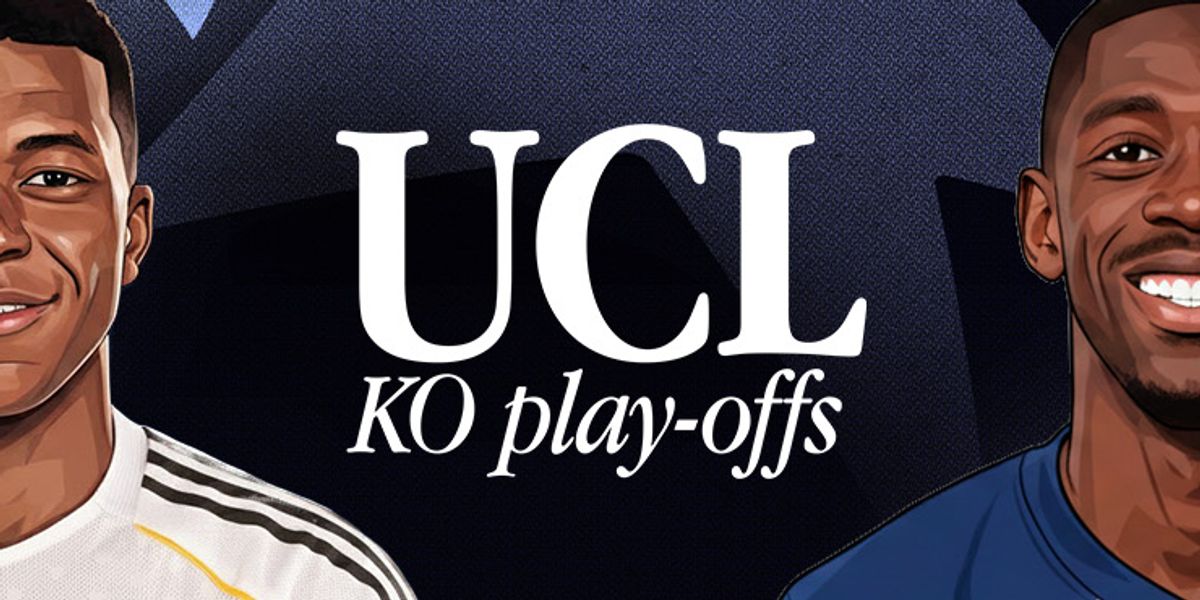 UEFA Champions League knockout play-offs graphic featuring illustrated portraits of Kylian Mbappé in a white Real Madrid kit and Ousmane Dembélé in a PSG shirt against a dark blue UCL-themed background.