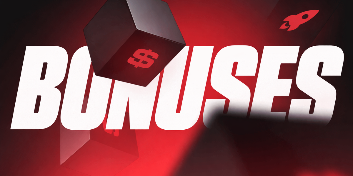 Graphic with the word 'BONUSES' in bold white letters on a red and black gradient background, with floating black cubes featuring a dollar sign and a rocket icon.