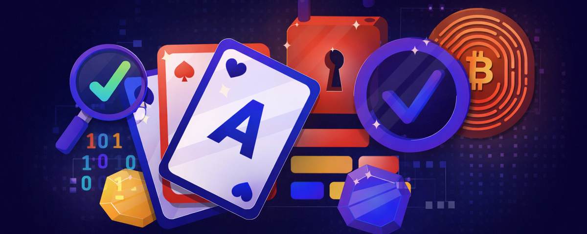 Provably fair online crypto casino concept with playing cards, blockchain verification icons, secure lock, and Bitcoin symbol in a modern 16:9 digital illustration.