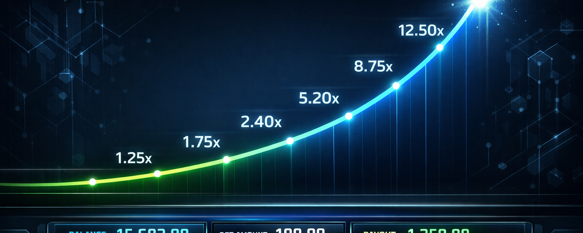 Crash game multiplier curve rising from 1.25x to 12.50x with a $100 bet and $1,250 payout displayed on a crypto casino interface